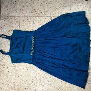 Handmade raw silk blue dress with flower beads details